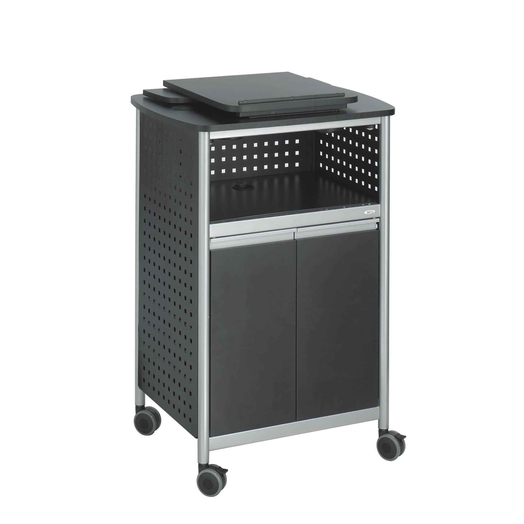Black Powder-Coated Steel Mobile Lectern with Adjustable Shelves