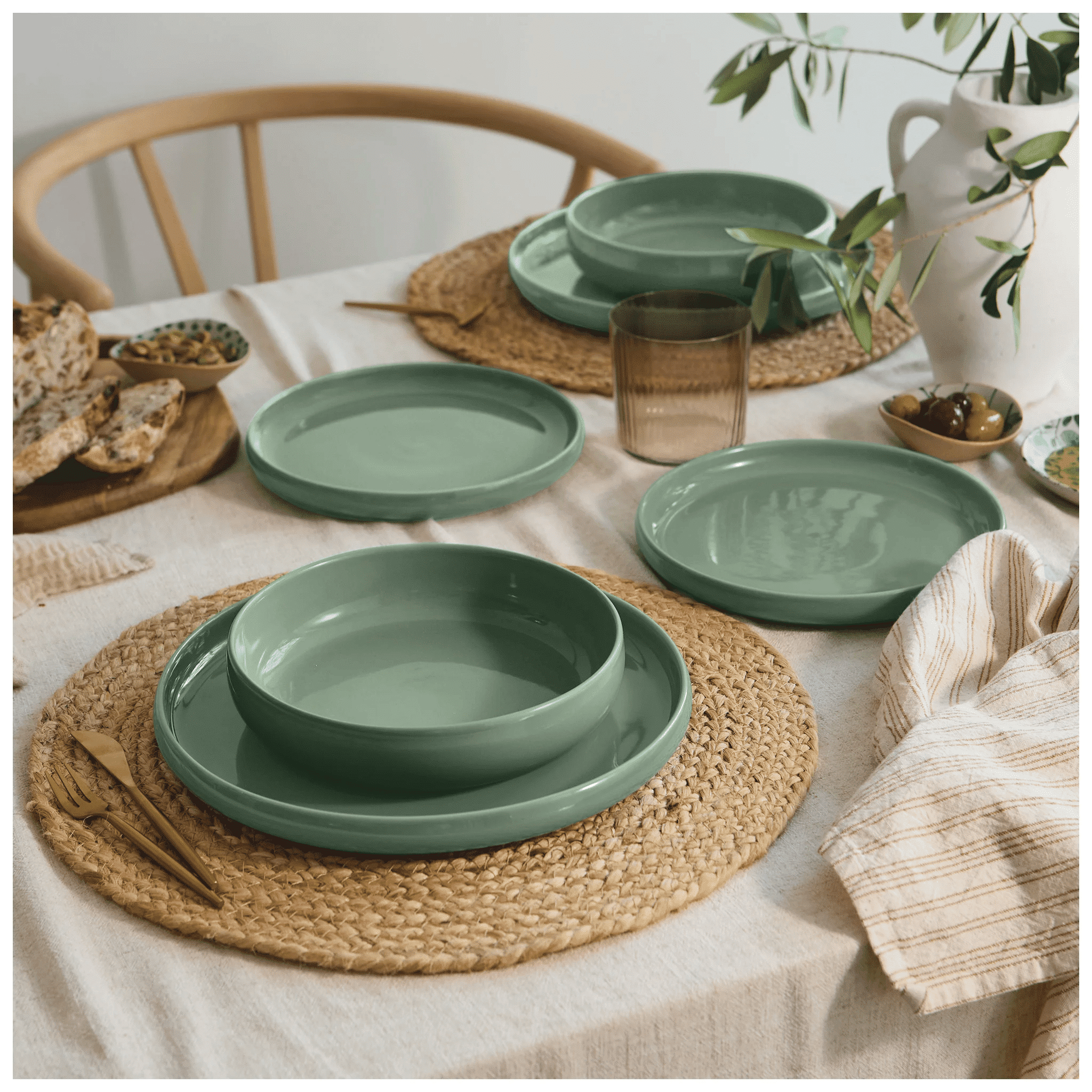 Safdie Alma Stoneware Dinnerware Set Hand Crafted (12-piece, Green)