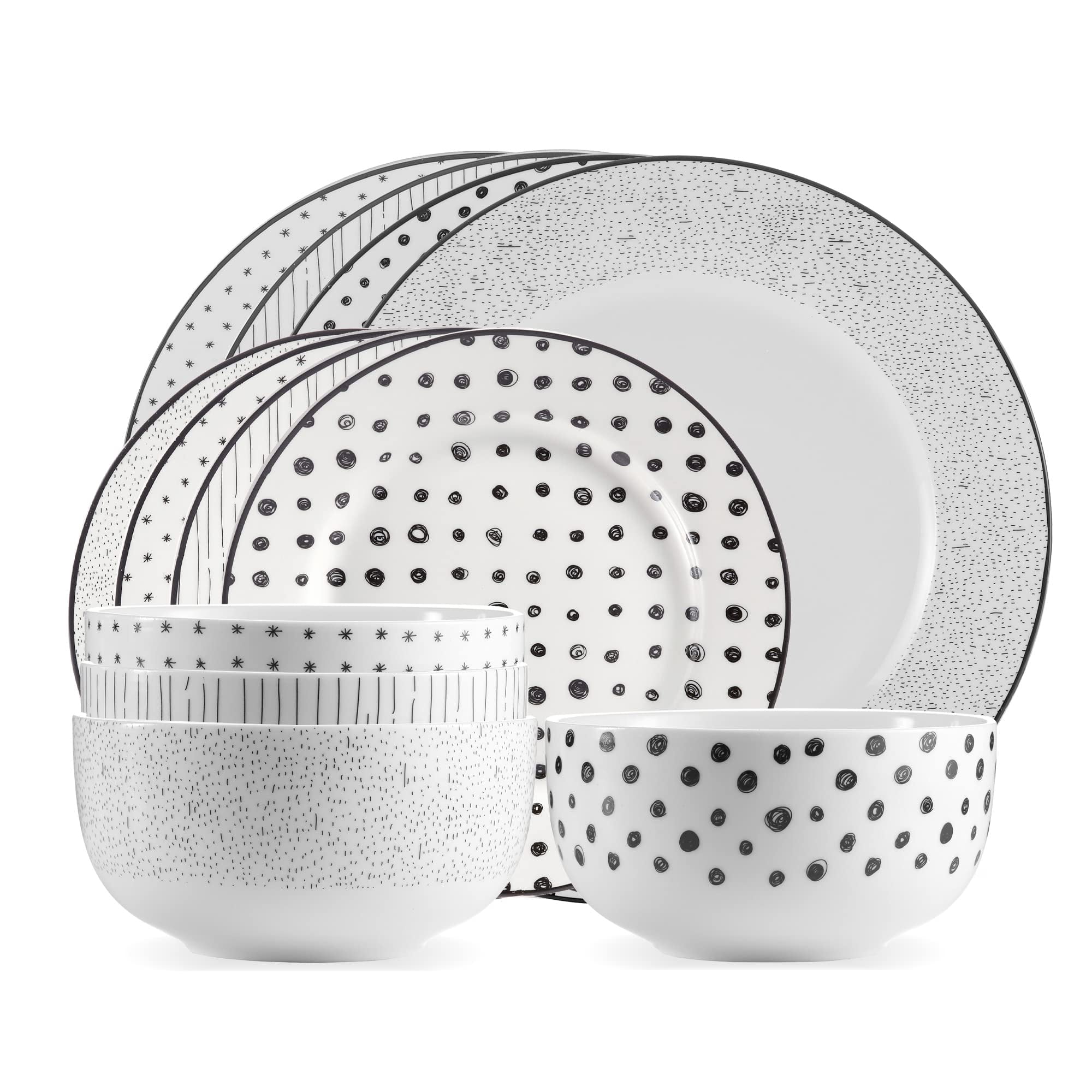 Black and White Sketch Porcelain 12-Piece Dinnerware Set