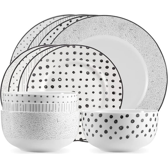 Safdie & Co. 12-Piece Black & White Sketch Dinnerware Set, Porcelain, Includes Plates, Bowls, and Serving Dishes, Dishwasher Safe