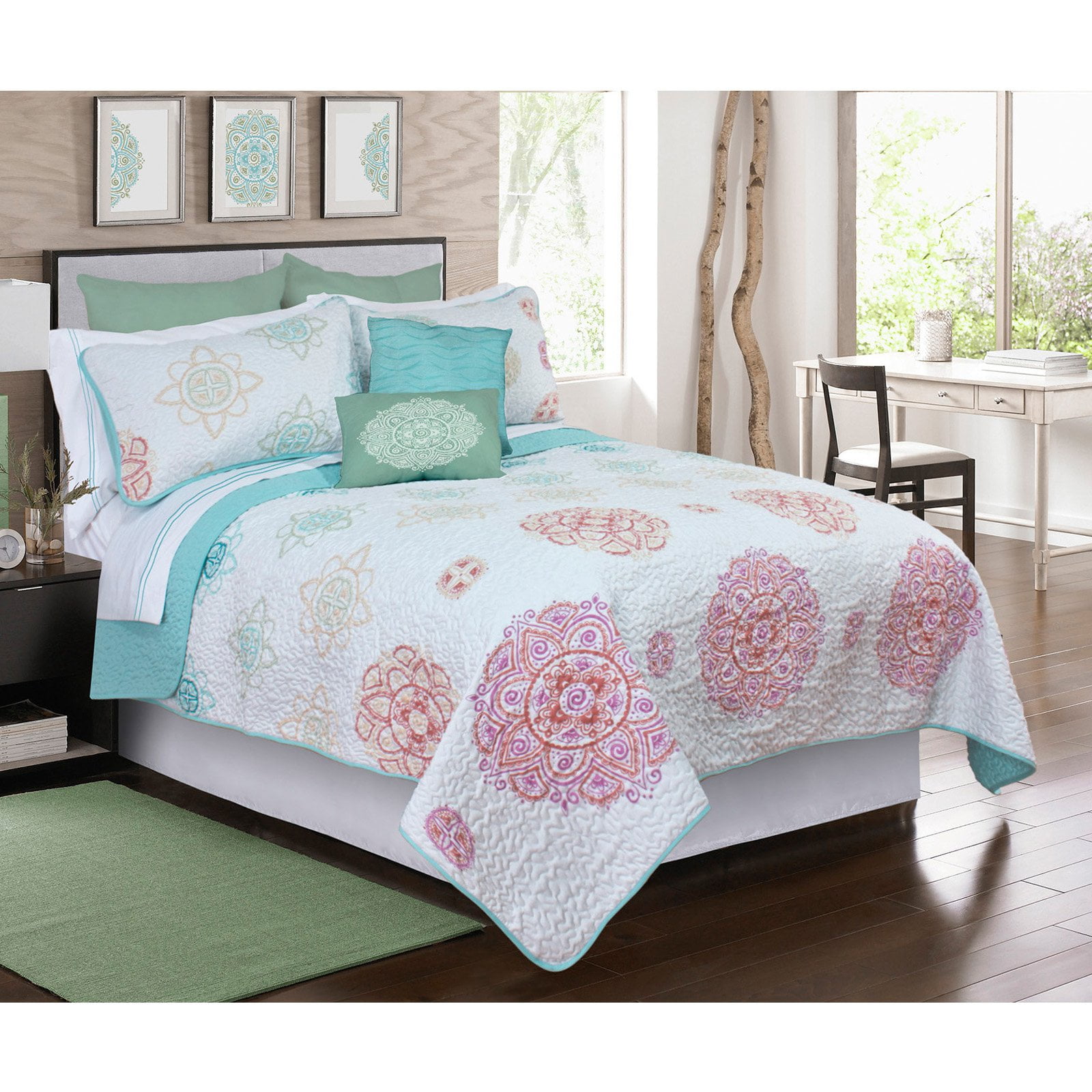 Blue Microfiber Twin Quilt Set with Mandala Pattern