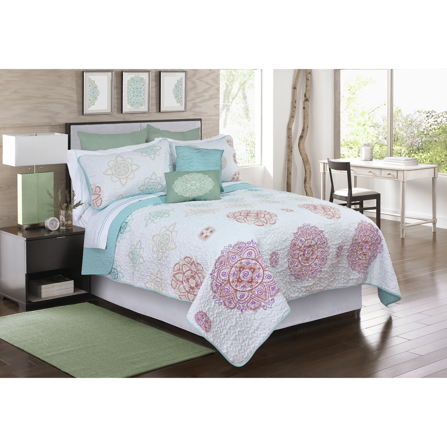 Blue Microfiber Twin Quilt Set with Mandala Pattern