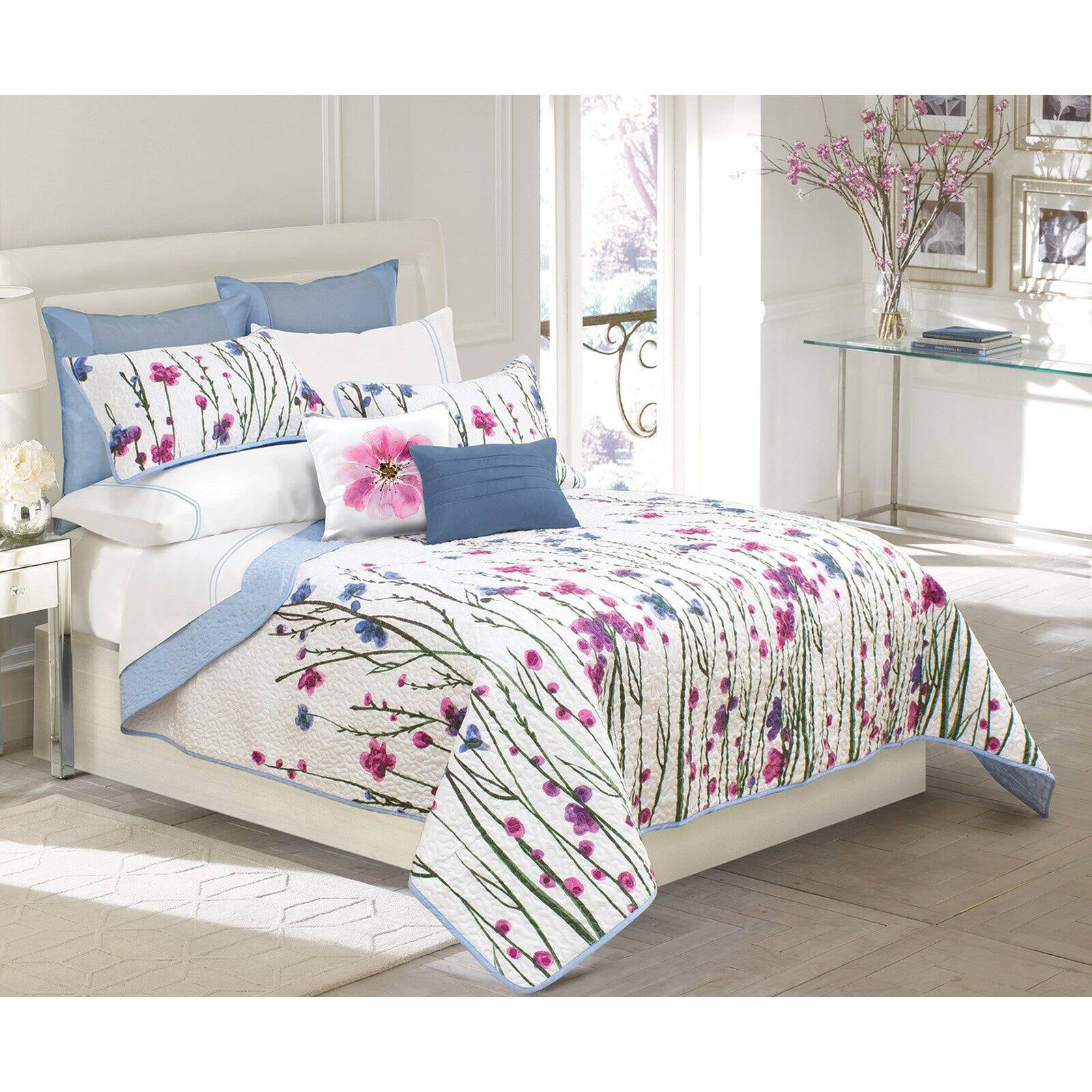 Full Blue Floral Microfiber Reversible Quilt Set