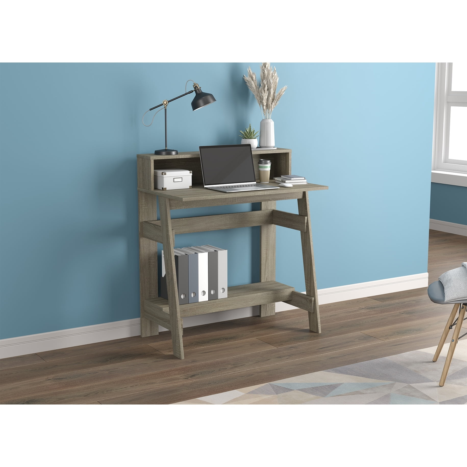 Compact Modern Dark Taupe Writing Desk with Hutch & Shelves