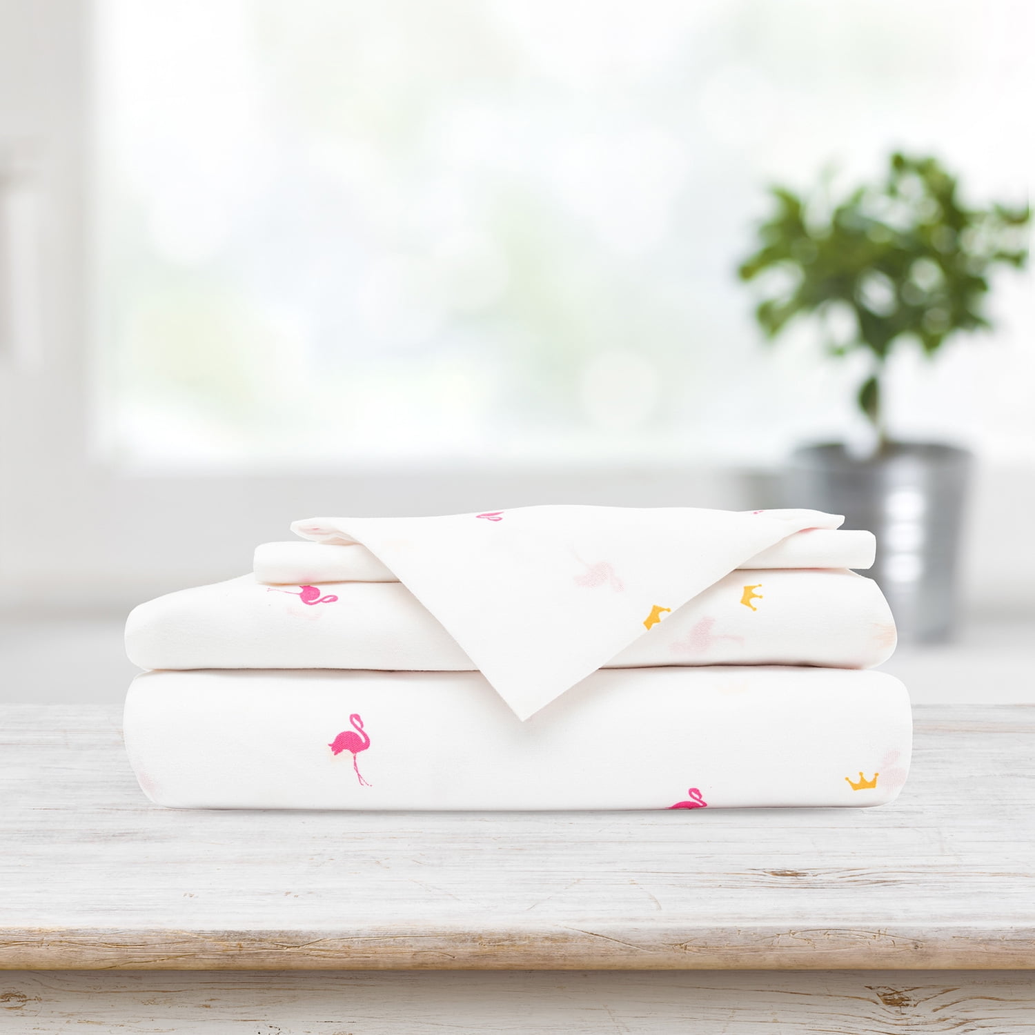White Full Microfiber Flamingo Print Kids Sheet Set