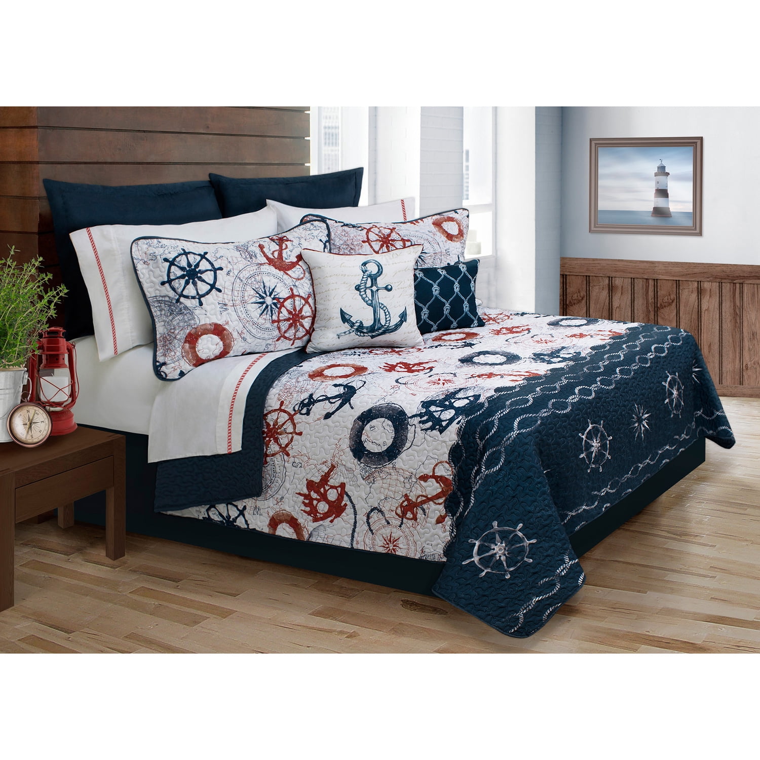 Navy and White Microfiber Ocean Theme Full Quilt Set