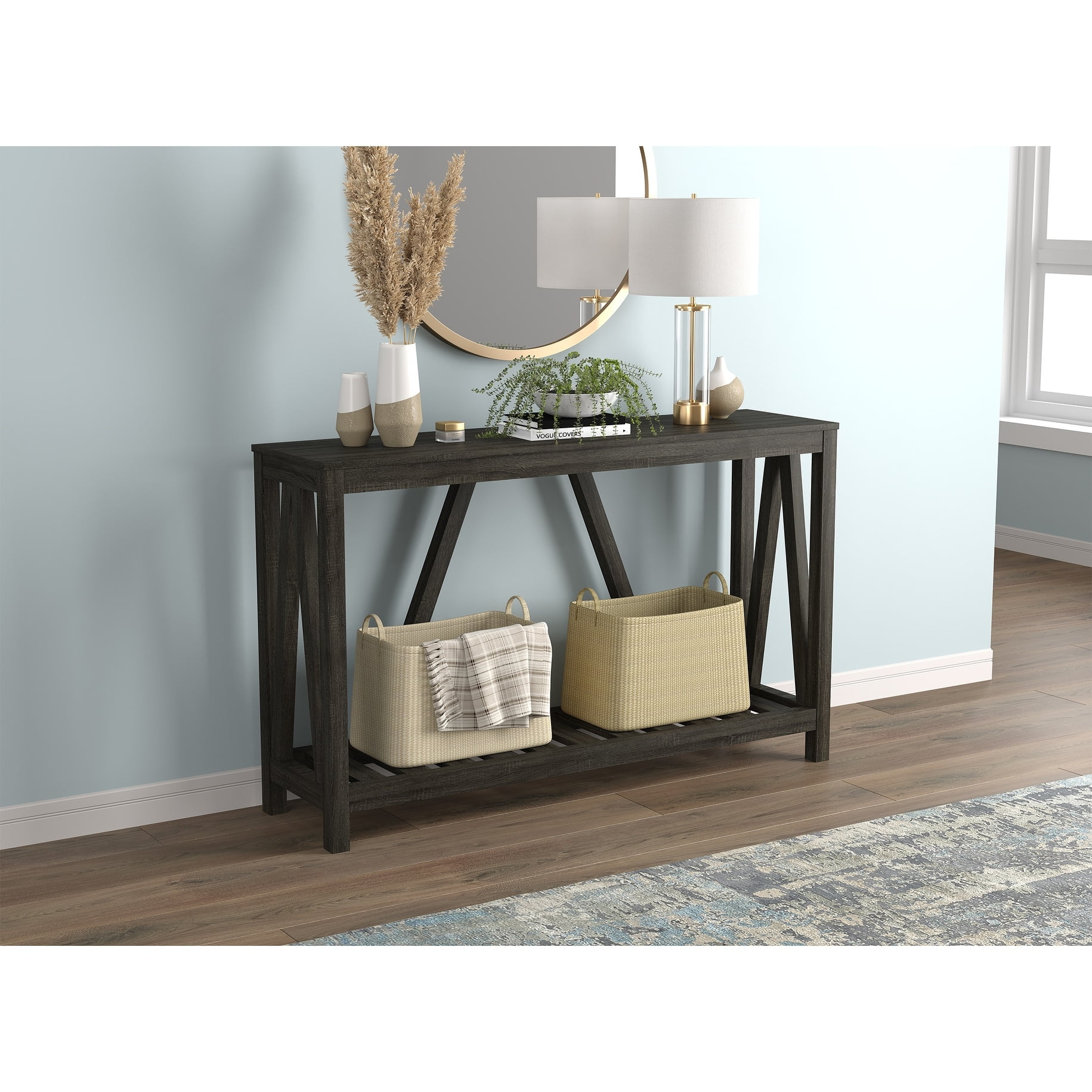 Dark Gray Wood and Metal Console Table with Storage Shelf