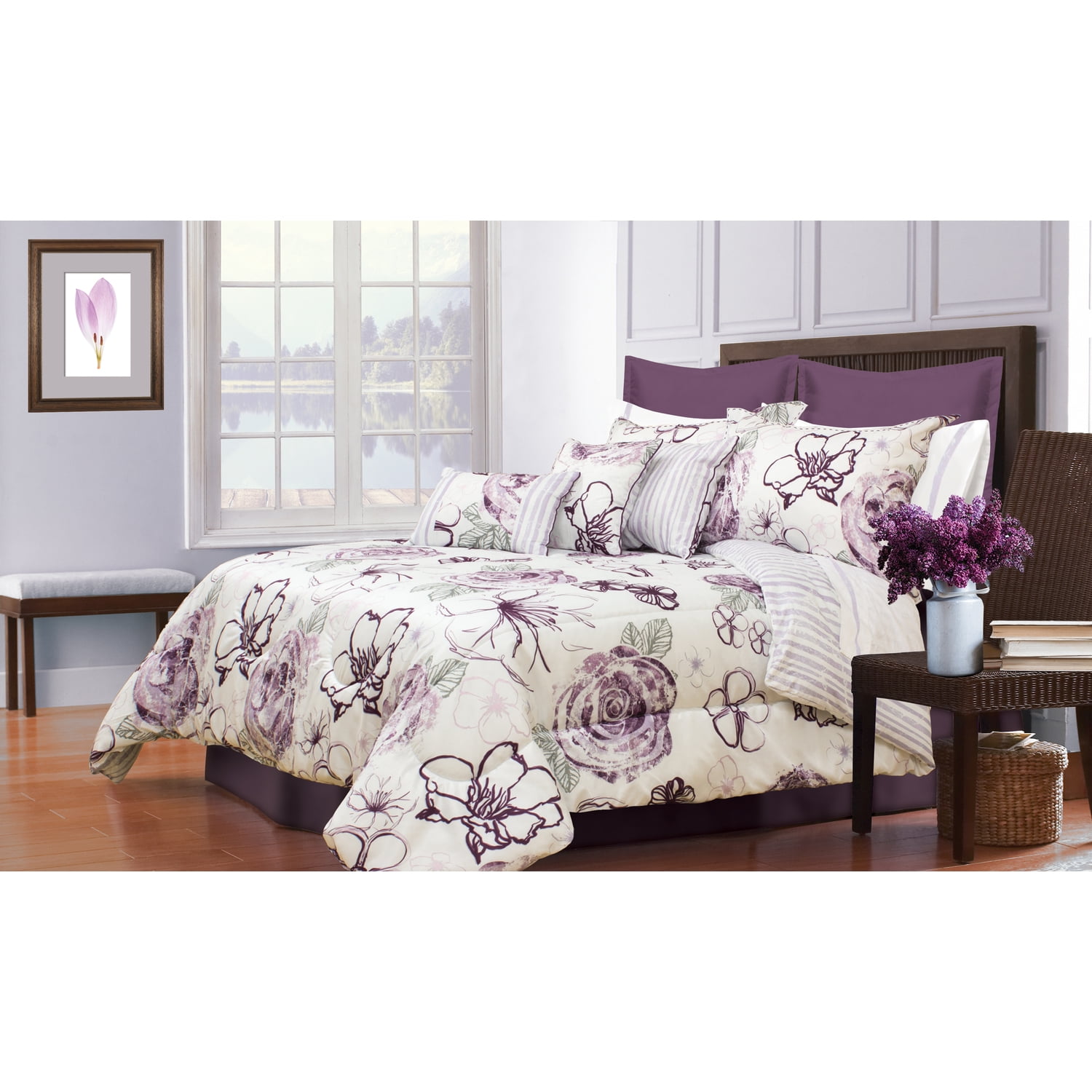 Angelica Purple Floral Microfiber Queen Comforter Set