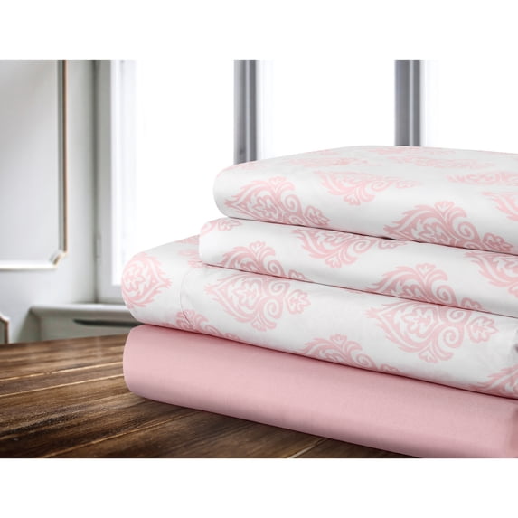 Sheet Set 4PC D Damask Printed Solid Pink