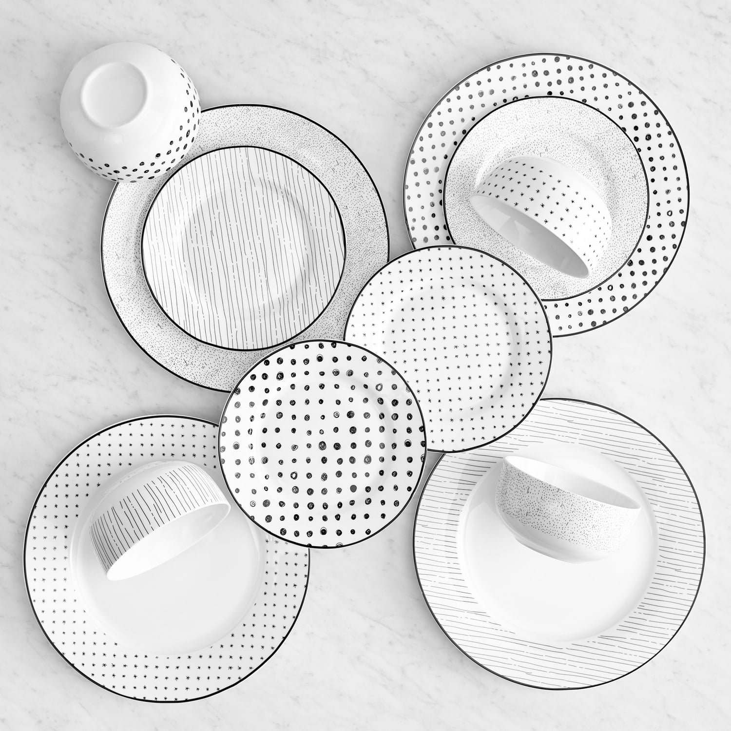 Black and White Sketch Porcelain 12-Piece Dinnerware Set
