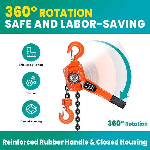 Safe 3 Ton Manual Lever Chain Hoist, G80 High-Strength Carbon Steel Chain, Double-Pawl Brake, Auto Chain Leading Anti-Jam, 360 Rotation Top Hook, 10 FT Lifting Height, for Dock Warehouse
