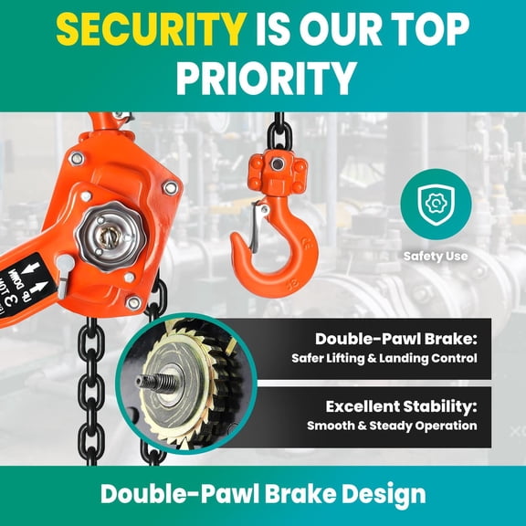 Safe 3 Ton Manual Lever Chain Hoist, G80 High-Strength Carbon Steel Chain, Double-Pawl Brake, Auto Chain Leading Anti-Jam, 360 Rotation Top Hook, 10 FT Lifting Height, for Dock Warehouse
