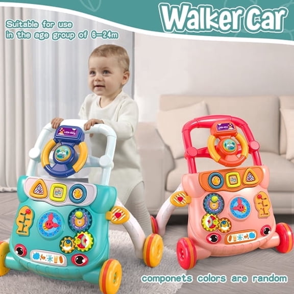 Safe ABS & PP Baby Walker, Noise-Cancelling Wheels, Adjustable Speed, Interactive Learning Toys (Shape Sorter, Gears, Clock), Anti-Fall Sit to Stand Walker for Boys Girls