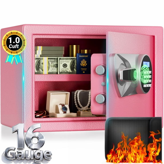 Safe Box,Blacksmith 1.0 Cuft Biometric Safe Lock Box with Fingerprint,Code and Keys Access,16 Gauge Solid Steel Heavy Duty Security Money Safe Lock Cabinet with Fireproof Document Bag,Pink