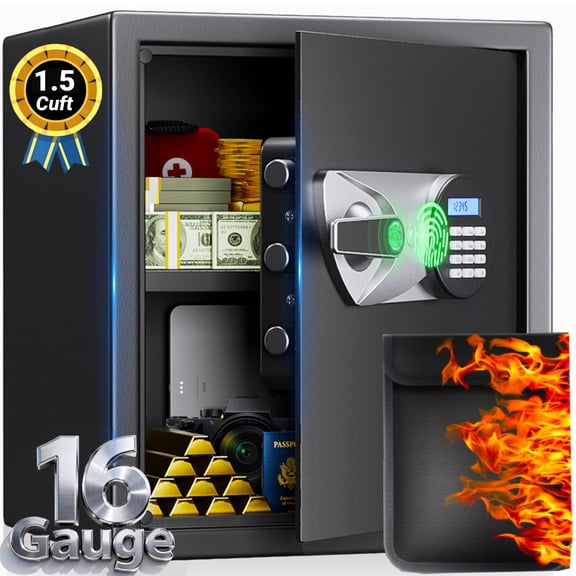Safe Box,Blacksmith 1.5 Cuft Biometric Safe Lock Box with Fingerprint,Code and Keys Access,16 Gauge Solid Steel Heavy Duty Security Money Safe Lock Cabinet with Fireproof Document Bag,Black