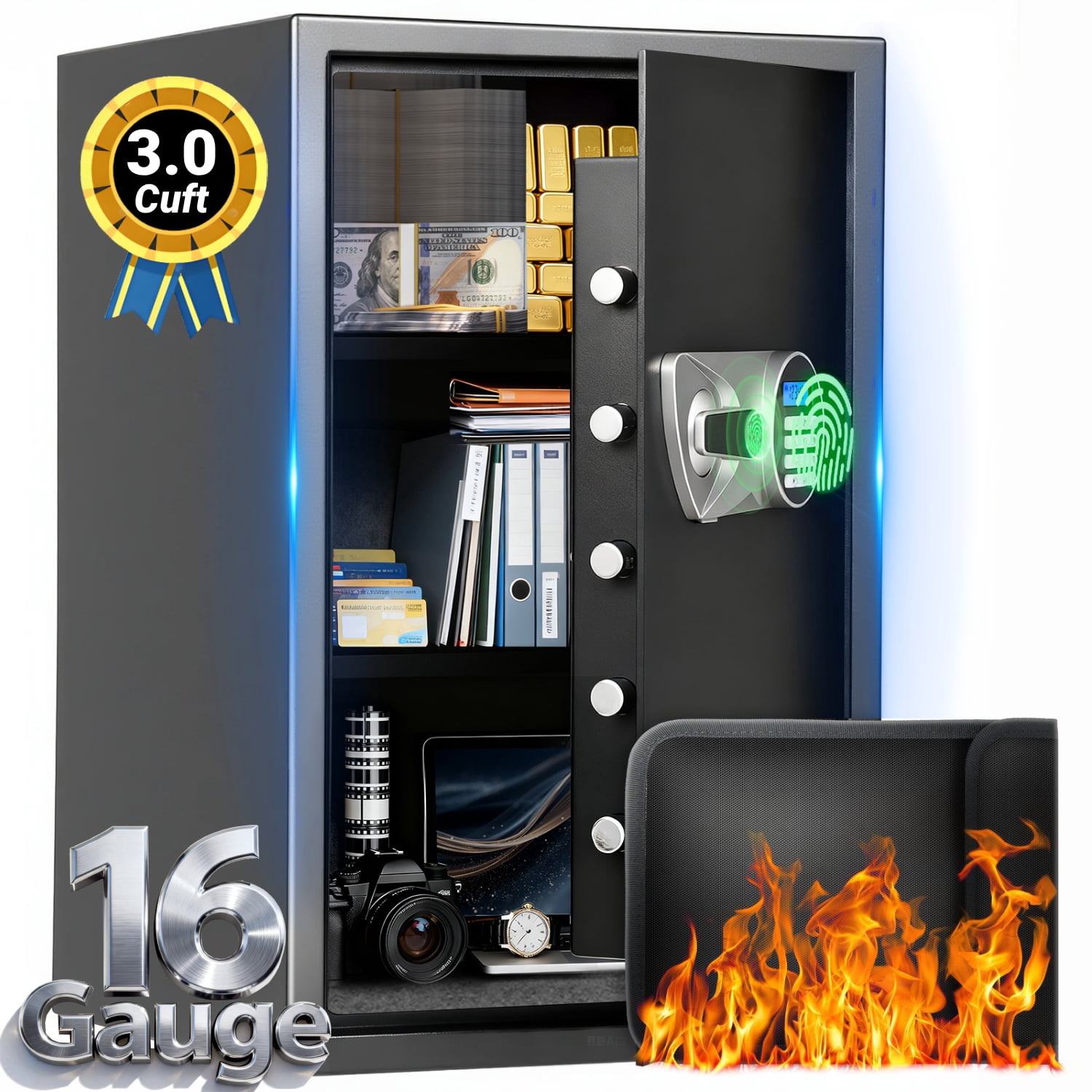 Safe Box,Blacksmith 3.0 Cuft Biometric Safe Lock Box with Fingerprint,Code and Keys Access,16 Gauge Solid Steel Heavy Duty Security Money Safe Lock Cabinet with Fireproof Document Bag,Black