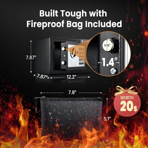 Safe Box for College Dorm Room with Fireproof Waterproof Bag, Money Safe with Keys & Code & Wall Mount Kits, Hidden Home Safe for Money, Jewelry, and Documents-0.5 Cubic Feet