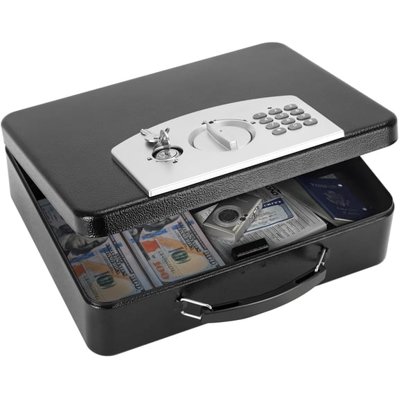 Safe Box with Digital Keypad Lock, Lock Box with Code for Personal Items, Metal Security Box for Cash, Passport, Jewelry, Ideal for Home, Office, Garage Sale, 11.8'' x 9.4'' x 3.5'', Black