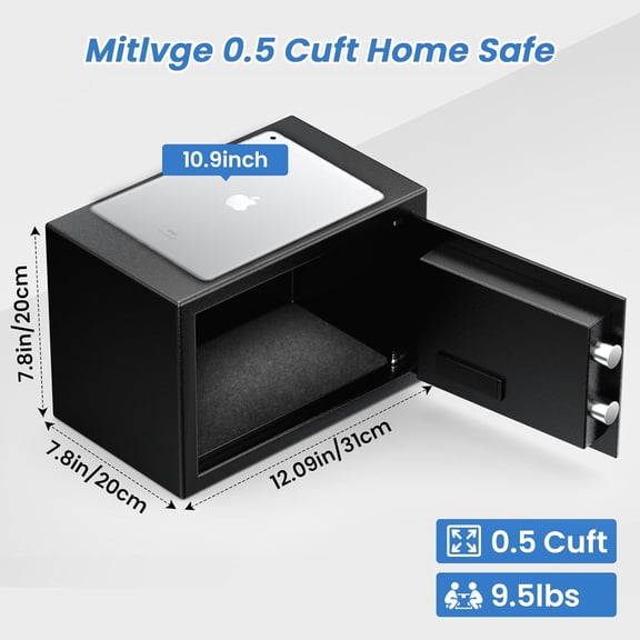 Safe Box with Fireproof Waterproof Bag, Home Safe with Keys &  Code & Wall Mount Kits, Money Safe with Smart Alert System for Money, Jewelry, and Documents, 0.5 Cu ft