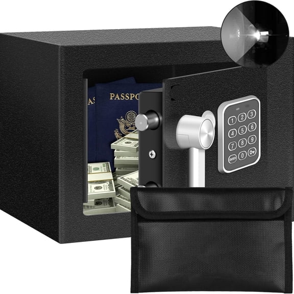 Safe Box for Home Safe (0.23 Cubic Feet) with Fireproof Bag, Personal Money Safe for Cash Saving, Mini Safe Box with Key, Digital Safety Box with Light, Money Lock Box