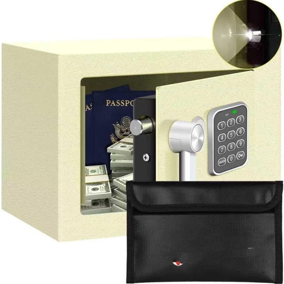 Safe Box for Home Safe (0.23 Cubic Feet) with Fireproof Bag, Personal Money Safey for Cash Saving, Mini Safey with Key, Digital Safety Box with Light, Money Lock Box (White)