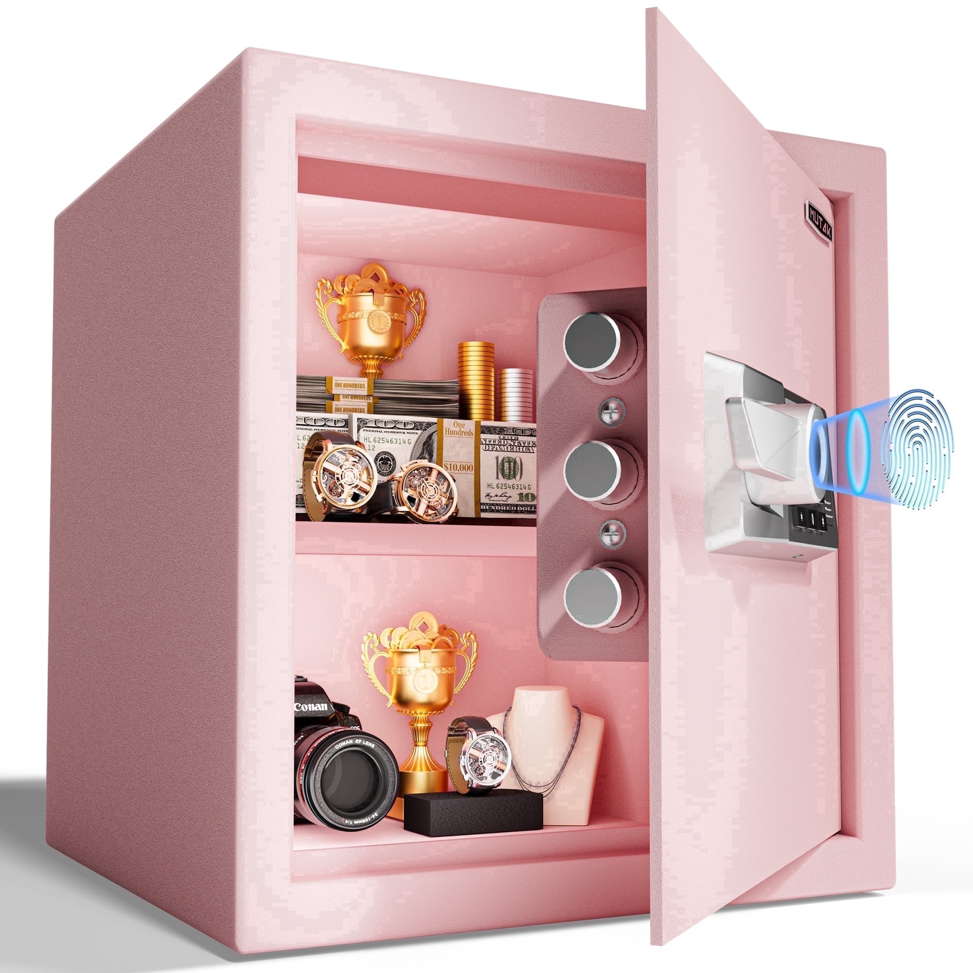 Safe Box,MUTAK 1.5 Cuft Biometric Safe Lock Box with Fingerprint,Code and Keys Access, Heavy Duty Security Money Safe Lock Cabinet with Fireproof Document Bag, Pink