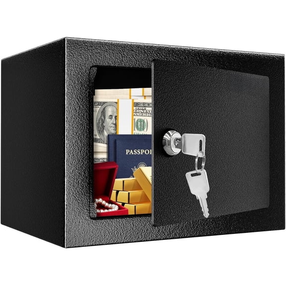 Safe Box with Key Lock, Steel  Lock Box, 0.23 Cubic , 9.06" W x 6.69" D x 6.69" H, Small  Safe for