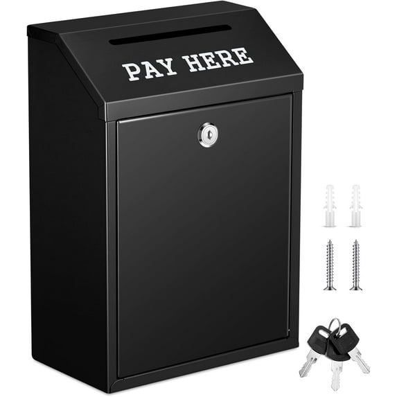Safe Cash Box Money Collection Metal Donation Box with Lock Wall Mount Pre Drilled Mailbox Delivery Ballot for Home Office Outdoor Self Serve Stand(Black,11.8 x 8.6 x 4.7 Inch)