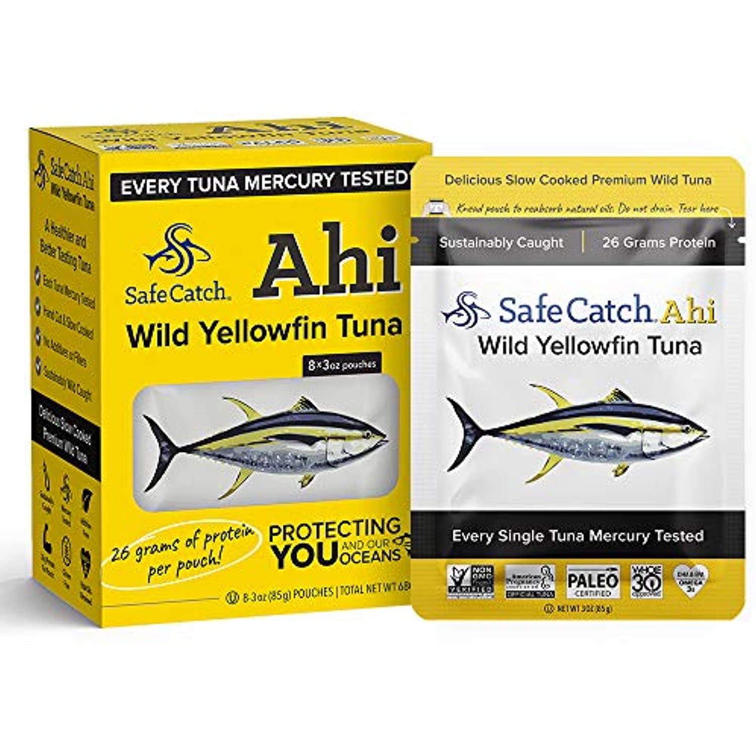Safe Catch Ahi Wild Yellowfin Tuna Fish Pouch, Lowest Mercury, Every Fish is Tested, Gluten-Free, Paleo, Keto, Whole30 Approved, High-Protein Food, 3oz Pouches, 8 Count Pack