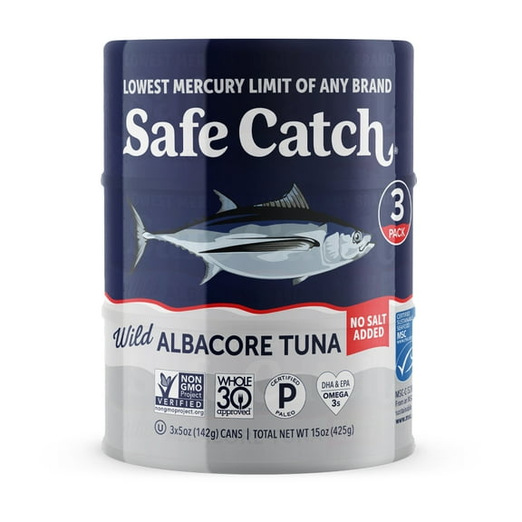 Safe Catch Wild Albacore Tuna, No Salt Added, 3 Pack, 5 oz Cans – Mercury Tested Wild Caught Tuna