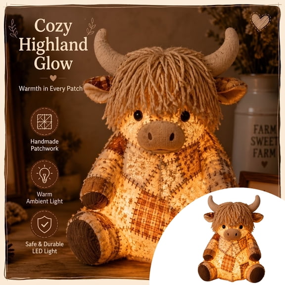 Safe Durable LED Patchwork Highland Cow Night Light, Handmade Quilted Plush Highland Cow Table Lamp, Dimmable Warm Soft Light Animal Lamp, Rustic Farm Decor Nightlight for Baby Nursery Kids Bedroom