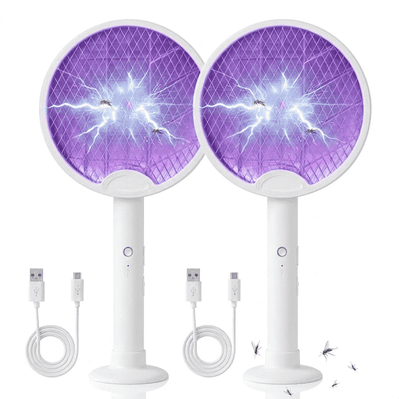 FIIOEOY 2 Pack Electric Fly Swatter 3500V Bug Zapper Racket Dual Modes Mosquito Killer with Purple Mosquito Light Rechargeable for Indoor Home Office Backyard Patio Camping