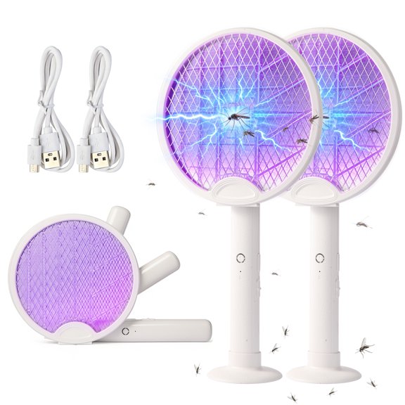 FIIOEOY 2Pack Foldable Electric Fly Swatter with Base, 3500V Rechargeable 3-in-1 Bug Zapper Racket, 1600mAh 3-Layer Safety Mesh, Indoor/Camping Use, White, 19×9×1.3 In