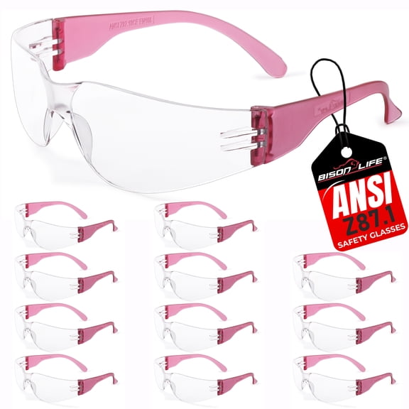 Safe Handler Clear Lens Pink Temple Safety Glasses, Fits Adult and Youth (Pack of 12)