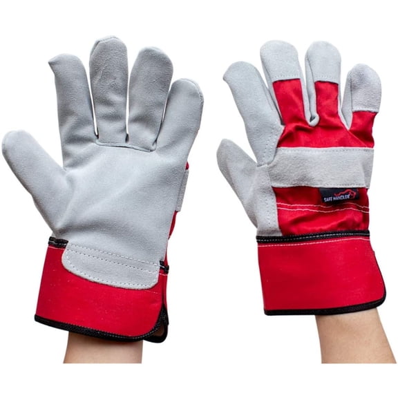 Safe Handler Deluxe Work Gloves, 3 Rubber Cuff, Split Leather grade A, Cotton, Red/Gray