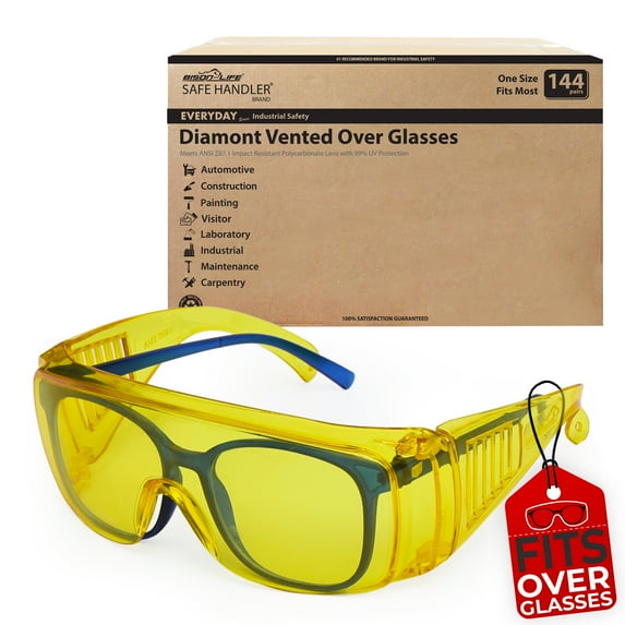 Safe Handler Diamont Vented Over Safety Glasses, Amber For Men/Women (Pack of 144)