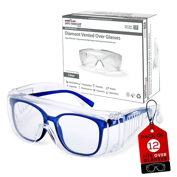Safe Handler Diamont Vented Over Safety Glasses, Impact Resistant & Anti-Scratch, Unisex (Pack of 12)