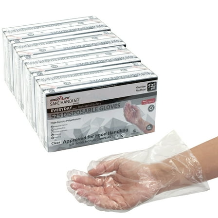 Safe Handler Disposable Food Prep Gloves, 525/Box (2100 Pcs), 11.5" Long Cuff Clear Poly Gloves for Food Handling & Service - One Size Fits Most