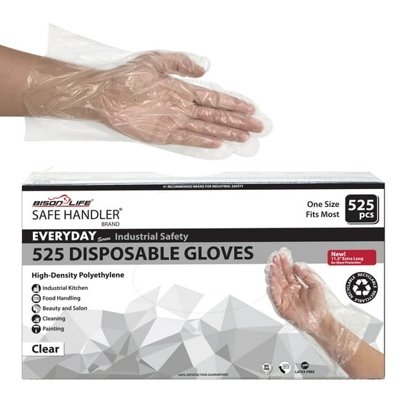 Safe Handler Disposable Food Prep Gloves, 525 Per Box (1 Box), 11.5" Long Cuff Clear Poly Gloves for Food Handling & Service - One Size Fits Most