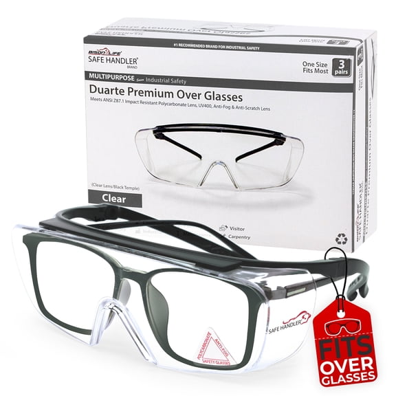 Safe Handler Duarte Clear Safety Glasses Over Glasses for Men and Women, Anti-Fog & Anti-Scratch (Pack of 3)