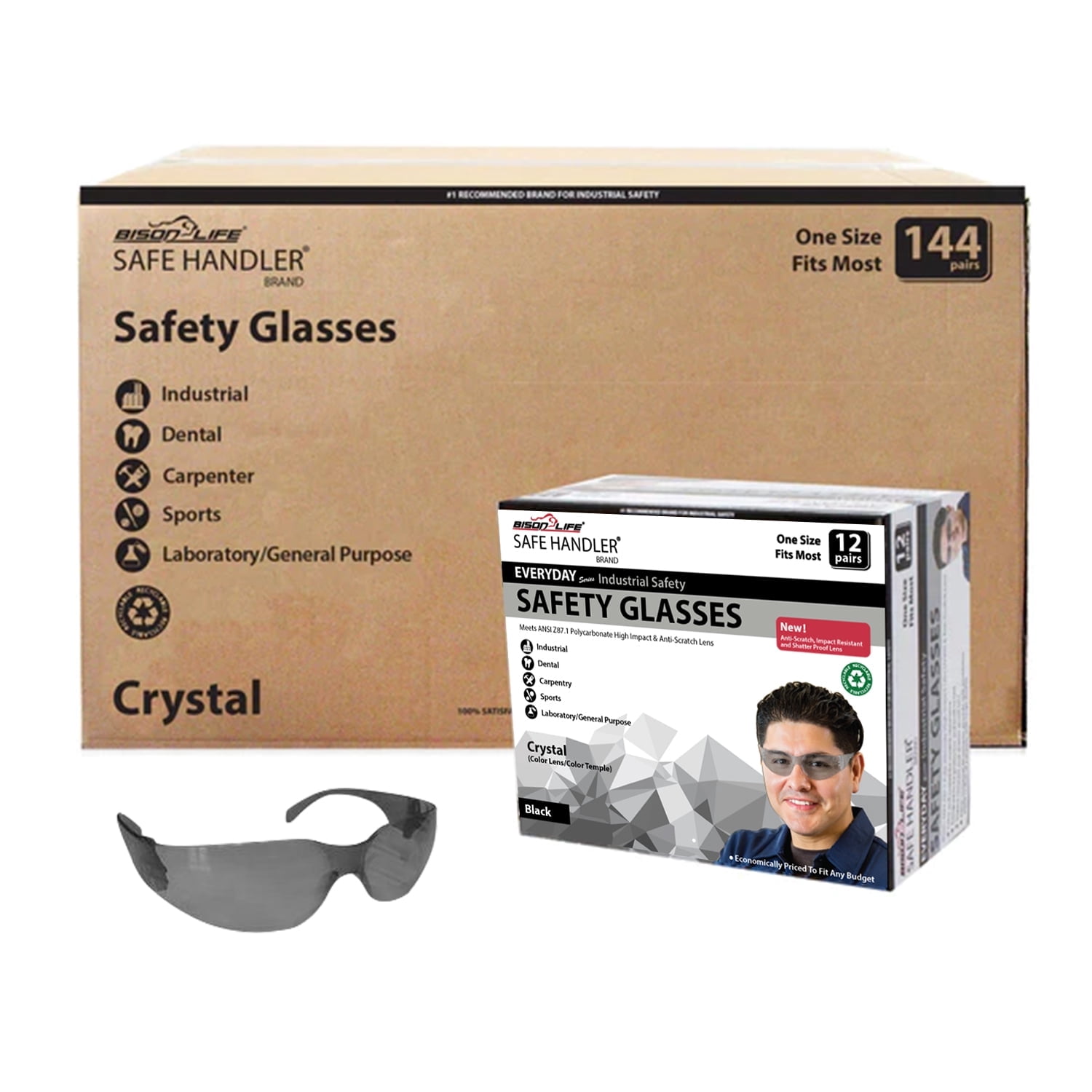 Safe Handler Gray Lens Black Temple Safety Glasses For Men/Women (Pack of 144)