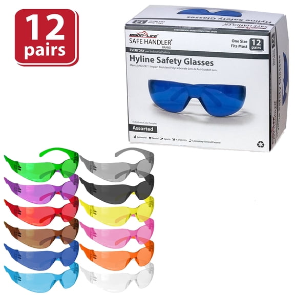 Safe Handler Hyline Safety Glasses Assorted Colors, Anti-Scratch & Anti-Fog For Men/Women (12 Pairs) | ANSI Z87.1 | One Size Fits All