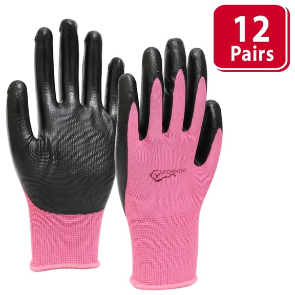 SAFE HANDLER Everyday Nitrile Coated Work Gloves for Men & Women, Non-Slip Grip Safety Gloves for Construction, Automotive & Carpentry, Durable Flexible Fit, Pink/Black, 12-Pack, One Size Fits Most