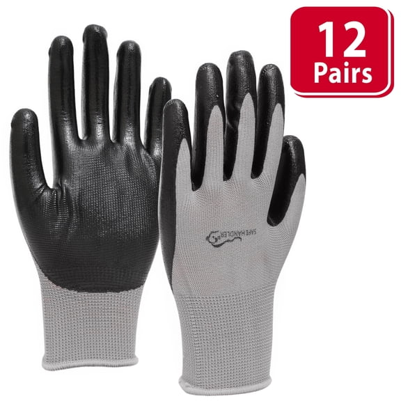 SAFE HANDLER Everyday Nitrile Coated Work Gloves for Men & Women, Non-Slip Grip Safety Gloves for Construction, Automotive & Carpentry, Durable Flexible Fit, Gray/Black, 12-Pack, One Size Fits Most