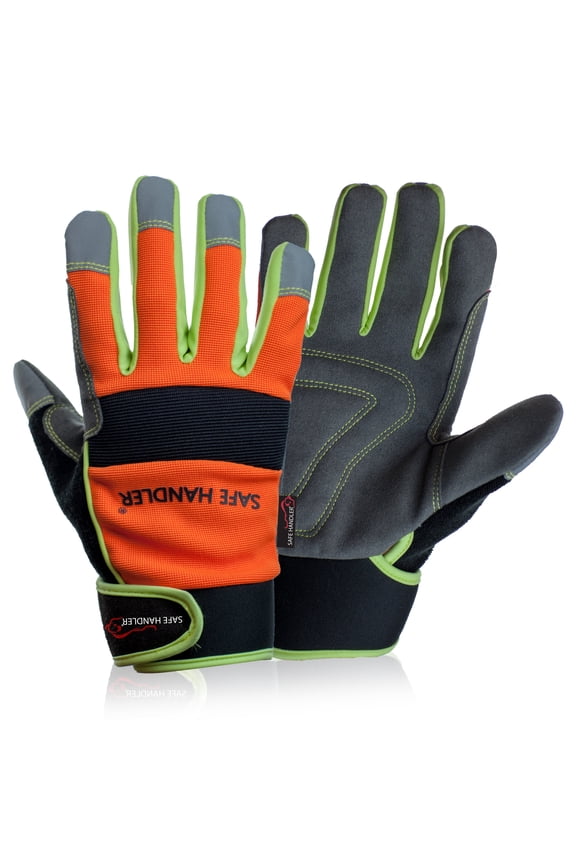 SAFE HANDLER Reflect Pro Hi-Vis Work Gloves, Mechanic Utility Safety Gloves, Firm Grip, Adjustable Wrist, High Visibility Reflective Gloves, Comfortable Durable, Improved Dexterity, Gray Orange, S/M,