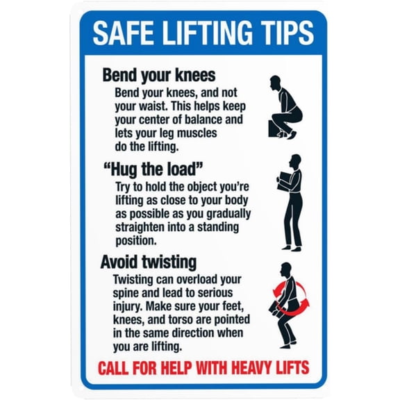 Safe Lifting Tips Bend Your Knees Hug The Load Avoid Twisting Warning Sign, Security Safety Metal Signs, Vintage Caution Poster Wall Decor for Business Office Home Street Use 8 x 12 Inch