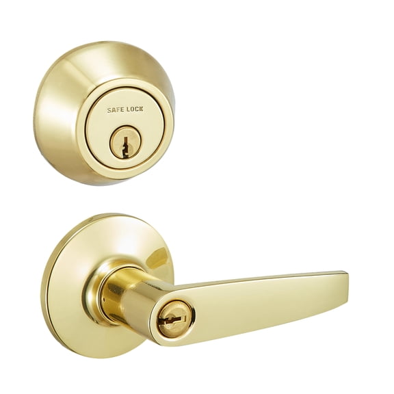 Safe Lock - Winston Lever, Keyed Entry Lever and Single Cylinder Deadbolt Combo Pack, Polished Brass Finish