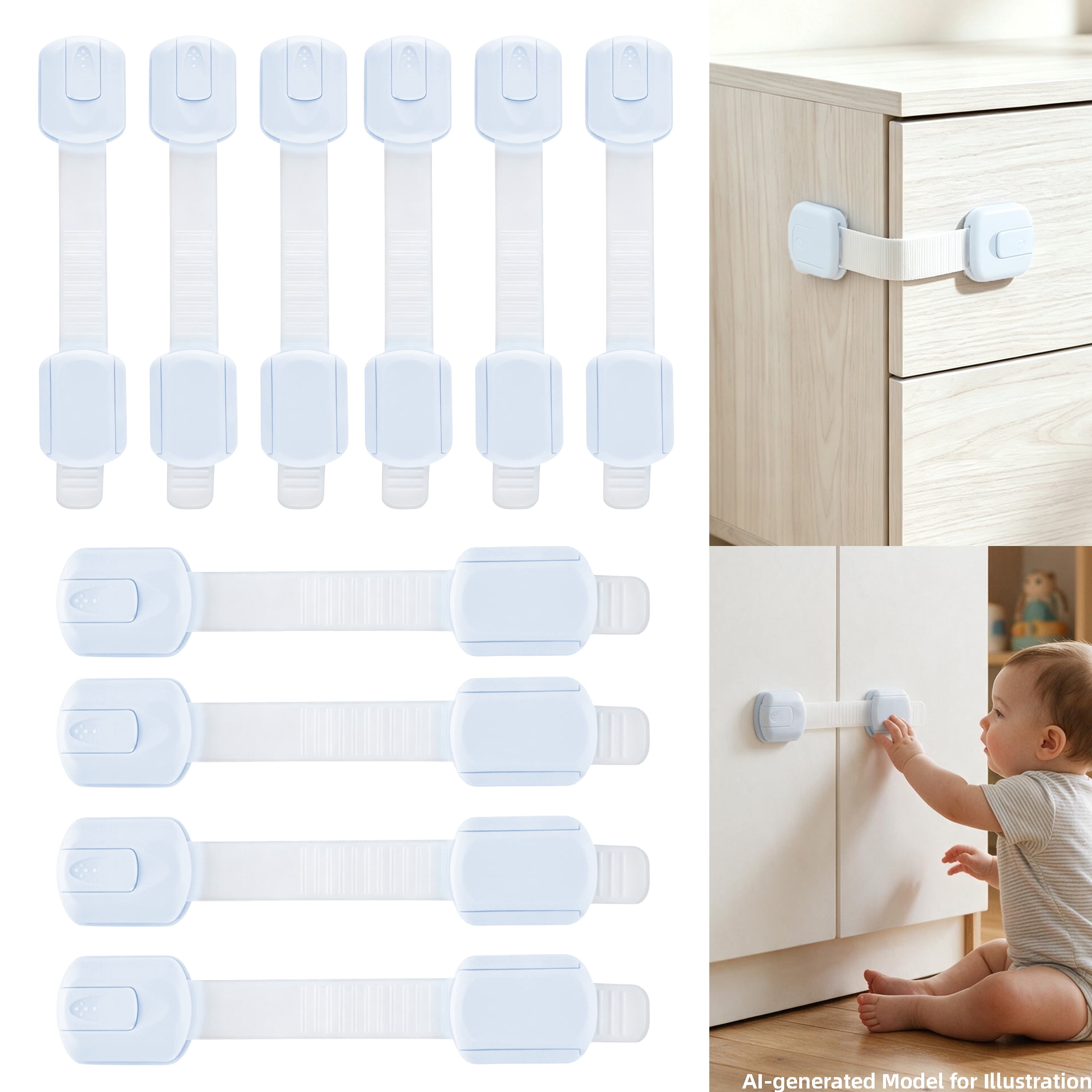 10 Pack Safety Locks, Adjustable Cabinet Locks, No‑Drill Drawer Locks, Multi‑Purpose Safety Straps, Household Home‑Safety Latches for Cabinets, Drawers, Refrigerator, Dishwasher