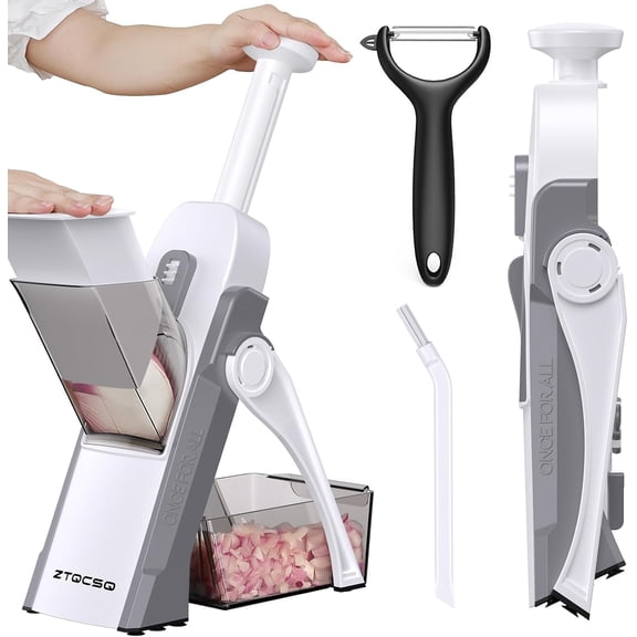 Safe Mandoline Slicer for Kitchen, Meal Prep, Potato Slicer, Adjustable/Easy to Clean/Storage, Kitchen Chopping Artifact, French Fry Cutter, Paring Knife/Cleaning Brush (only Slice, LightGrey)