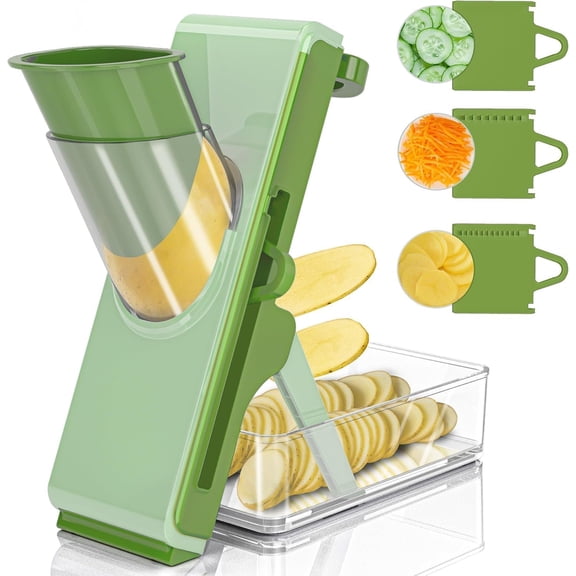 Safe Mandoline Slicer for Kitchen, Vegetable Slicer with Container, French Fry Cutter, All in 1 Julienne Slicer for Potato, Thickness Adjustable, Detachable Blade (Green)